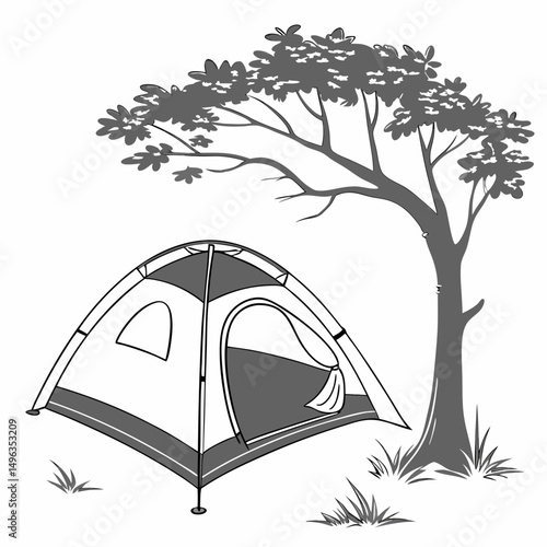 Camping tent underneath a shady tree outdoors