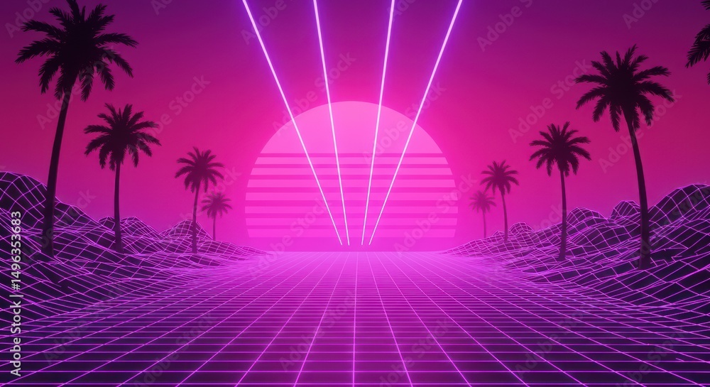 Fototapeta premium Retro futuristic landscape with neon grid and palm trees. Sunrise or sunset view