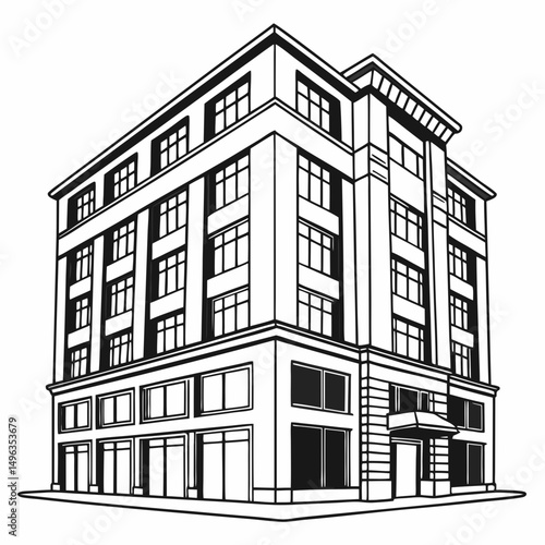 Modern city building architectural line drawing