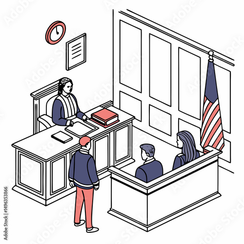 Courtroom scene isometric illustration judge defendants