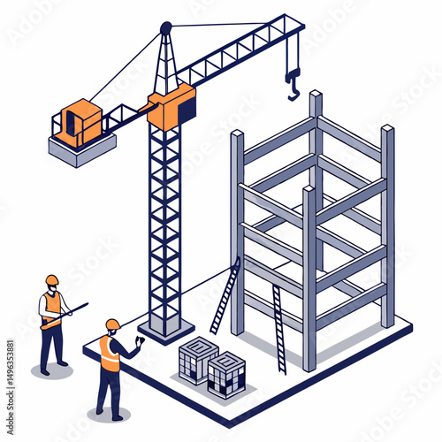 Construction site isometric illustration workers crane building