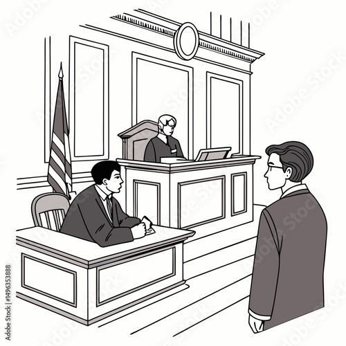 Courtroom sketch lawyer defendant judge witness