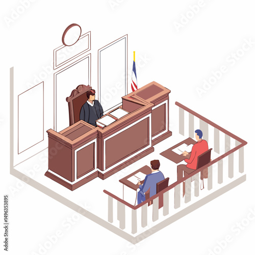 Courtroom isometric illustration judge lawyers trial