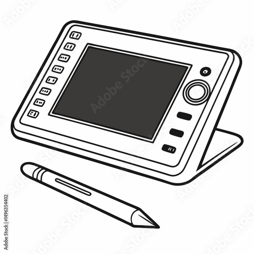 Professional graphic tablet with stylus pen on white background
