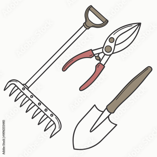 Gardening tools rake shovel secateurs spring planting