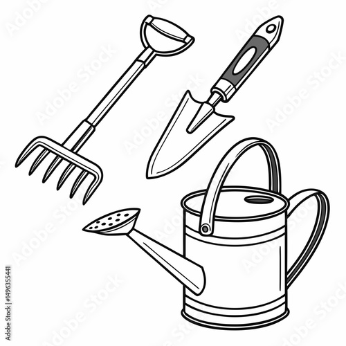 Gardening tools watering can trowel rake illustration