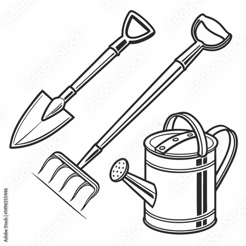 Gardening tools shovel rake watering can illustration