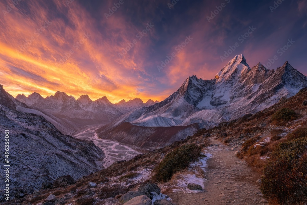 Fototapeta premium Vibrant Sunset Over Snow Covered Mountain Range