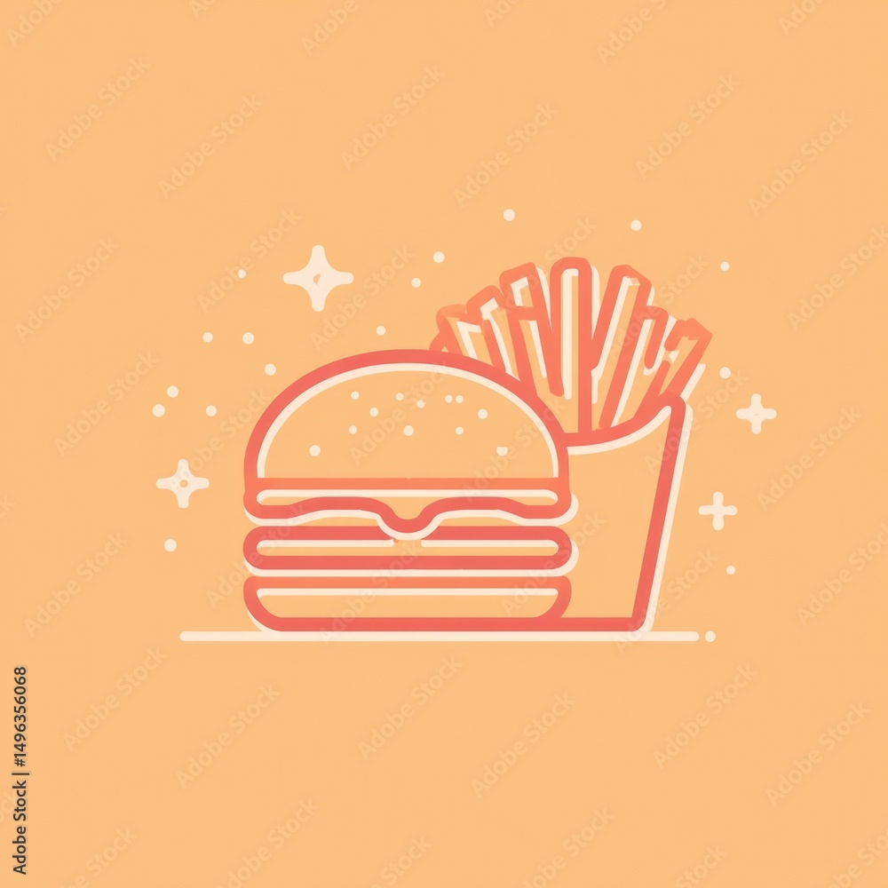 Minimalist illustration of a burger and fries with a playful, sparkling background on an orange backdrop. Minimalist illustration of a burger and fries with a playful, sparkling background on an orange backdrop.