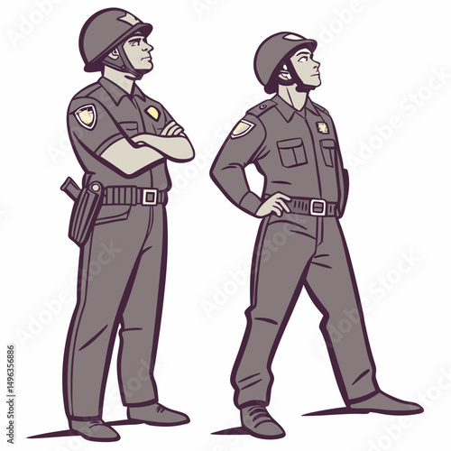 Two police officers standing guard duty alert