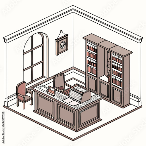 Elegant isometric office reception area with bookshelves