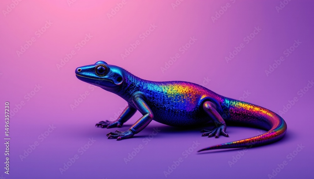 Obraz premium an iridescent depiction of salamander, positioned right, purple gradient background