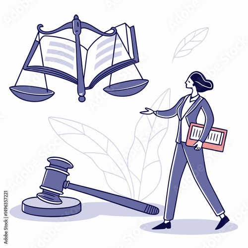 Female lawyer walking with gavel scales justice