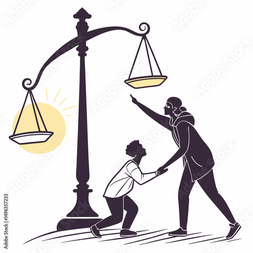 Child and adult reaching for justice scales