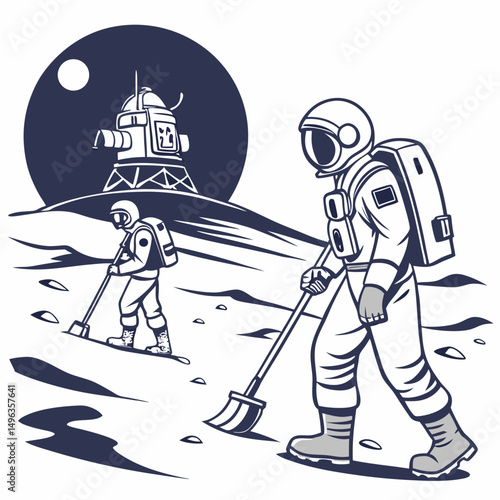 Astronauts exploring lunar surface with lander