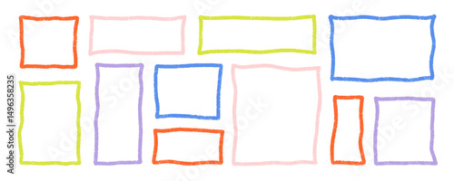 Colorful wavy squares and rectangles frames. Bold outline grunge rectangle shapes, empty speech bubbles, text boxes. Crayon drawn geometric vector shapes, doodle irregular bold frames collection.