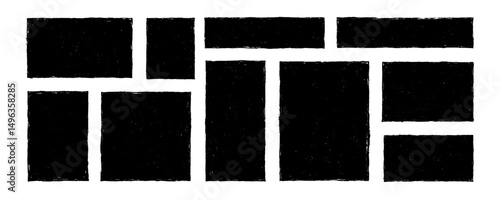Crayon drawn black grunge rectangles and squares with rough edges. Childish text boxes, empty speech bubbles.