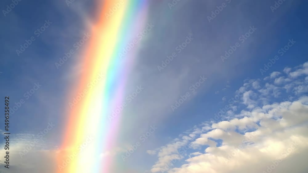 Vibrant rainbow spanning across a clear blue sky with fluffy white clouds, optical phenomenon with spectrum colors, atmospheric refraction Vibrant rainbow spanning across a clear blue sky with fluffy white clouds, optical phenomenon with spectrum colors, atmospheric refraction