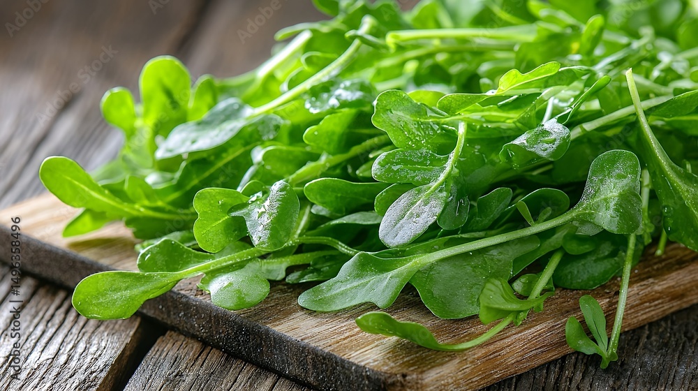 Fototapeta premium Fresh Arugula on Wooden Board