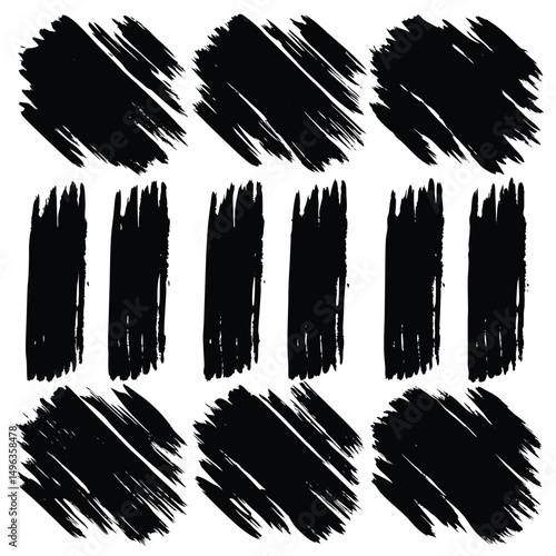 Ink stencil brush strokes and grunge lines with paint splashes drawn in a rectangular shaped composition for text, callouts. Brush strokes in dirty style with drops blots. Grunge banners. Vector set