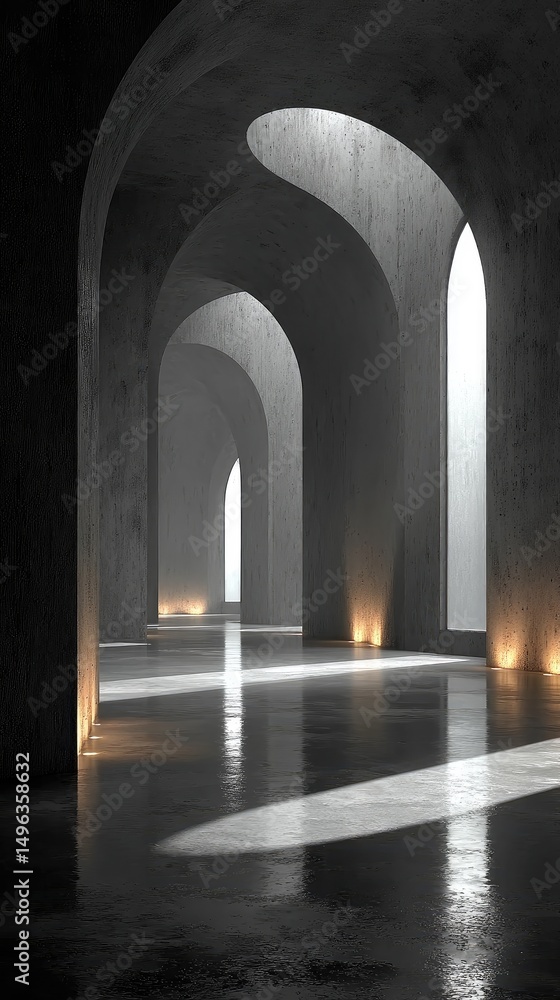 Fototapeta premium Minimalist interior with concrete columns and soft light, embodying serene geometric harmony