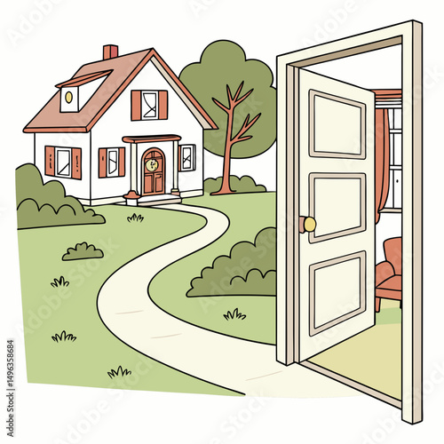 Charming cottage home open door pathway garden