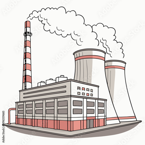 Industrial power plant with cooling towers and smoke