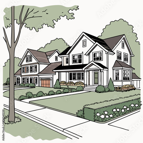 Suburban homes tree lined street neighborhood houses