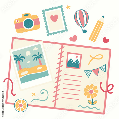 Open scrapbook travel memories camera photos