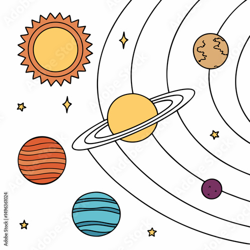 Colorful planets orbiting sun solar system illustration