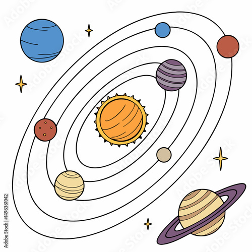 Colorful cartoon solar system planets orbiting sun