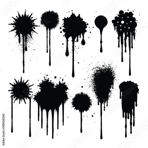 Spray graffiti texture with smudges and drops. Street art with splashes and dripping paint. Vector aerosol set 