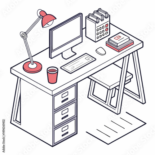 Modern isometric workspace desk setup design
