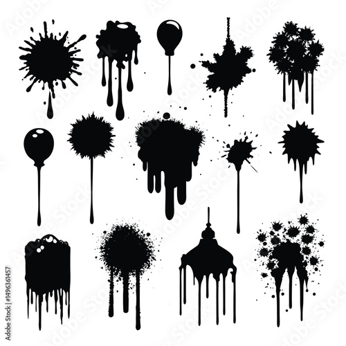 Spray graffiti texture with smudges and drops. Street art with splashes and dripping paint. Vector aerosol set 