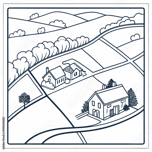 Rural landscape farmhouses rolling hills aerial view