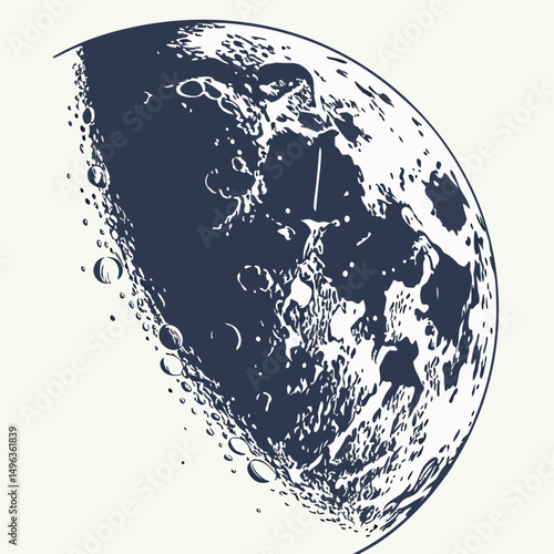 Detailed ink drawing of the moons surface half moon