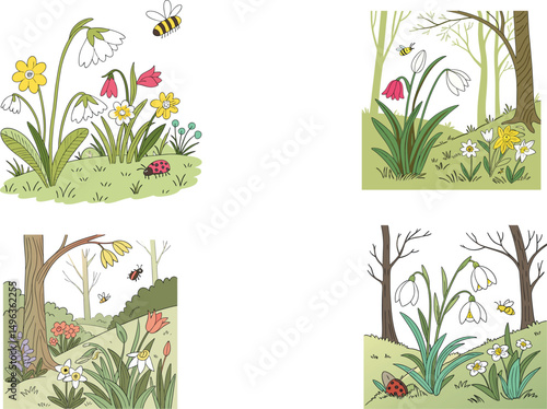 Spring flowers and grass vector set