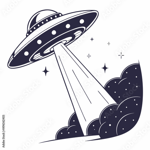 Retro ufo spaceship landing beam alien