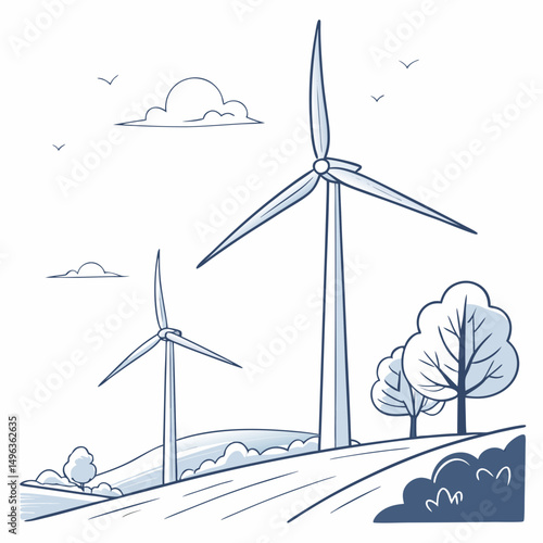 Wind turbines on a rolling green hillside