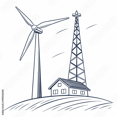 Rural landscape wind turbine communication tower house