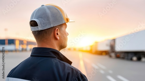 Logistics Manager Inspecting Fleet at Sunset. Transportation Professional overseeing Freight Operations. Supply Chain Efficiency.