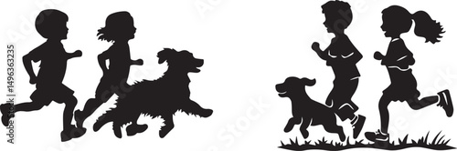 Silhouette of Kids Running with Dogs in Outdoor Play Scene Vector silhouette