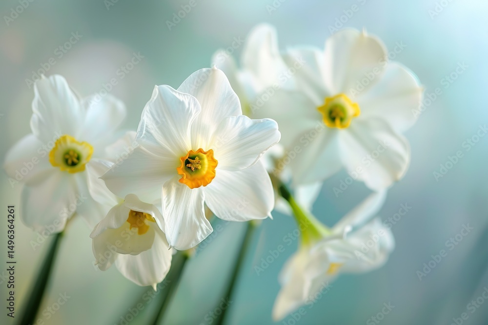 Beautiful cluster of white daffodils with yellow and orange centers Beautiful cluster of white daffodils with yellow and orange centers