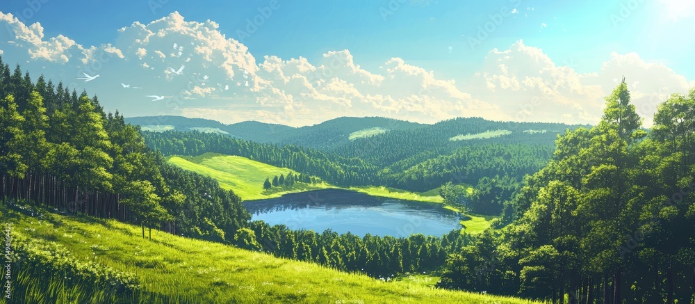 Fototapeta premium Generative AI illustration of a picturesque landscape with green trees and a lake on a sunny day representing the concept