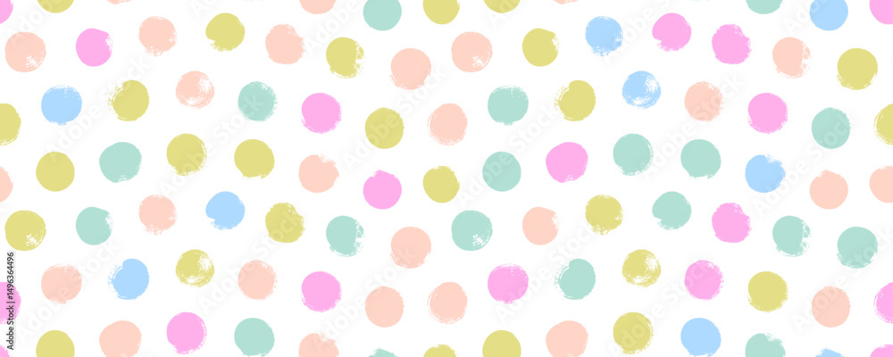 Pastel colored naive abstract polka dot seamless pattern. Childish seamless banner design with brush drawn dots and circles. Dotted funky cute wrapping paper. Multi colored confetti playful motif. Pastel colored naive abstract polka dot seamless pattern. Childish seamless banner design with brush drawn dots and circles. Dotted funky cute wrapping paper. Multi colored confetti playful motif.