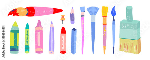 Hand drawn set of paintbrushes, colorful pencils and wax crayons. Art painting supplies. Vector doodle childish illustration. Painters equipment, drawing stationery. Colorful funky icons.