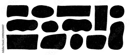 Hand drawn organic irregular text boxes, organic wavy shapes and rounded rectangles. Black empty grain speech bubbles.