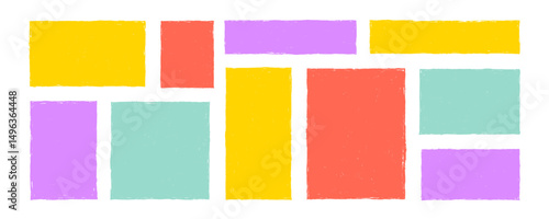 Crayon drawn colorful grunge rectangles and squares with rough edges. Childish text boxes, empty speech bubbles, doodle geometric shapes with pencil rough texture. Rectangles for hand drawn notes.