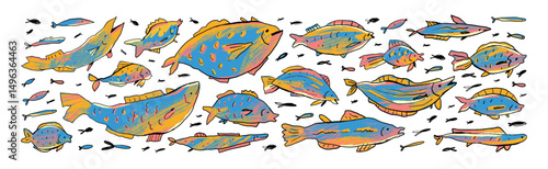 Collection of cute and funky crayon drawn fish. Vector doodle abstract school of fish. Marine kids illustration.