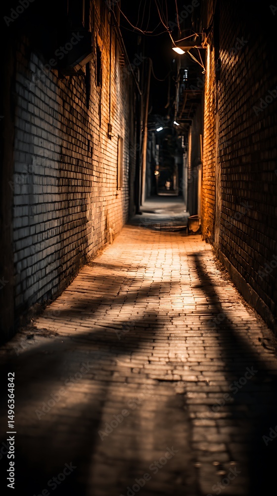 Obraz premium Illuminated Brick Alleyway at Night A Dark and Mysterious Urban Scene.